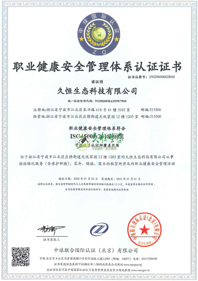 武汉汉南职业健康安全管理体系ISO45001证书